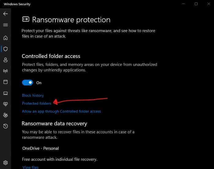 select protected folders under Ransomware protection